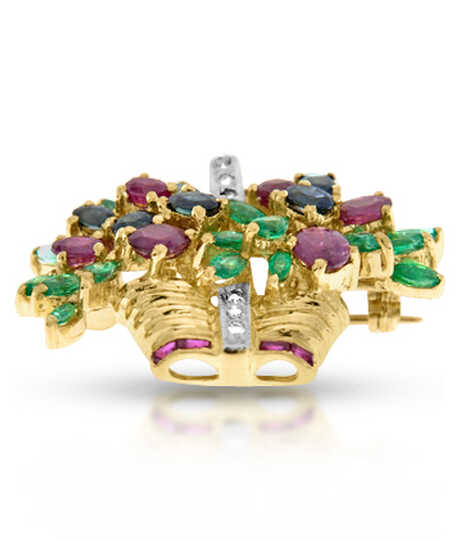 Yellow gold brooch basket with diamonds, sapphires, rubies and emeralds