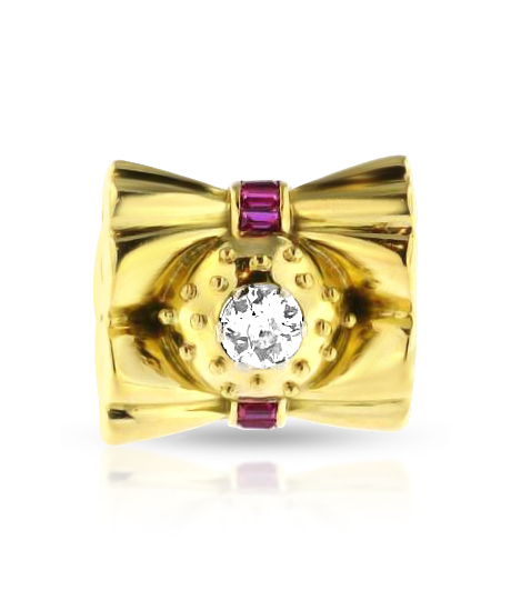Geelgouden vintage ring met briljant en robijnen