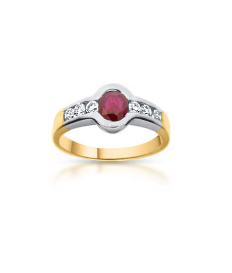 Gouden bicolor ring met robijn en 6 briljanten