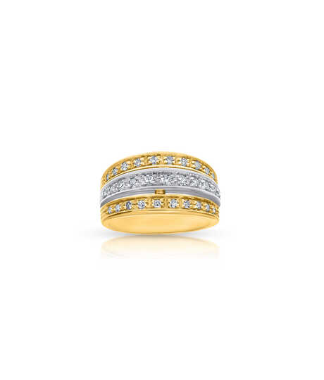 Bicolor ring in geelgoud en platina met 31 briljanten op 3 rijen
