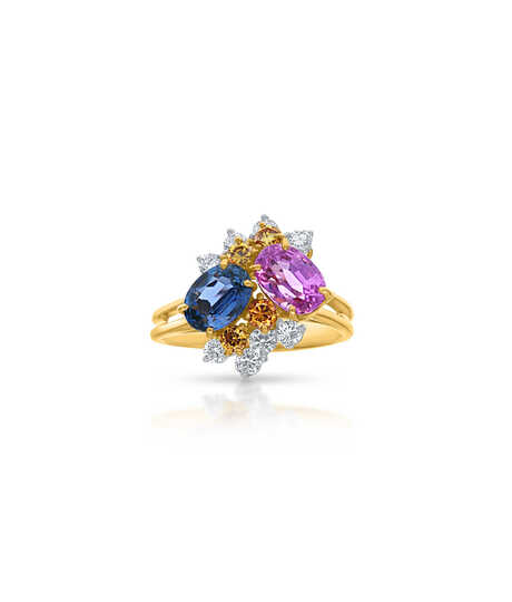 Geelgouden ring met gekleurde saffieren en briljanten