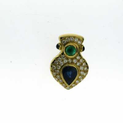 Yellow gold brooch with sapphire, emerald and brilliants