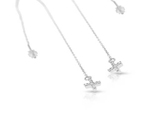 Earrings with chain   cross white gold