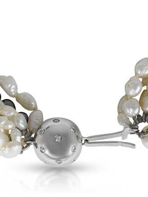 Necklace with 10 rows of Biwa pearls and a ball-shaped clasp in white gold with diamonds