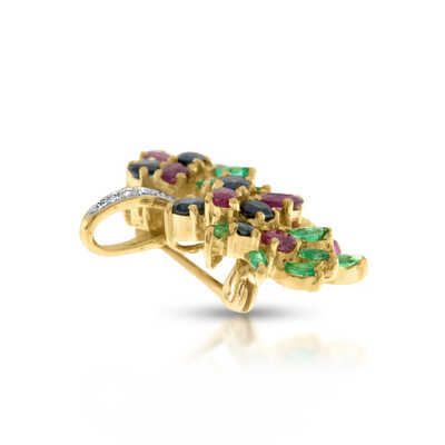 Yellow gold brooch basket with diamonds, sapphires, rubies and emeralds