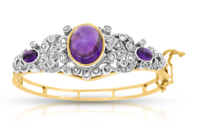 Rozegouden antieke armband versierd met amethisten en diamantjes in zilveren zetting