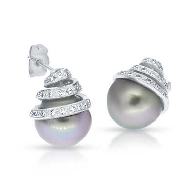 Glacial Green Tahitian Pearl Earrings with Brilliant-Cut Diamonds