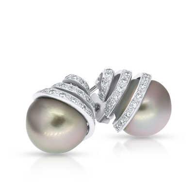 Glacial Green Tahitian Pearl Earrings with Brilliant-Cut Diamonds