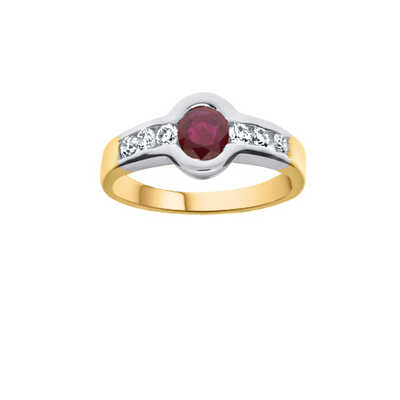 Golden bicolour ring with ruby and 6 diamonds