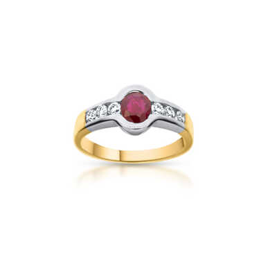 Golden bicolour ring with ruby and 6 diamonds