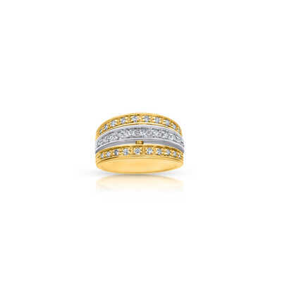 Bicolor ring in geelgoud en platina met 31 briljanten op 3 rijen