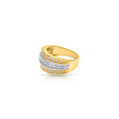 Bicolor ring in geelgoud en platina met 31 briljanten op 3 rijen