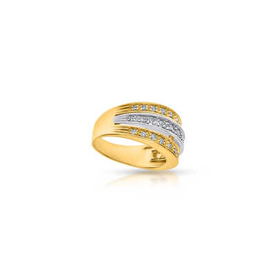Bicolor ring in geelgoud en platina met 31 briljanten op 3 rijen