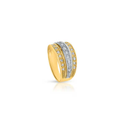 Bicolor ring in geelgoud en platina met 31 briljanten op 3 rijen