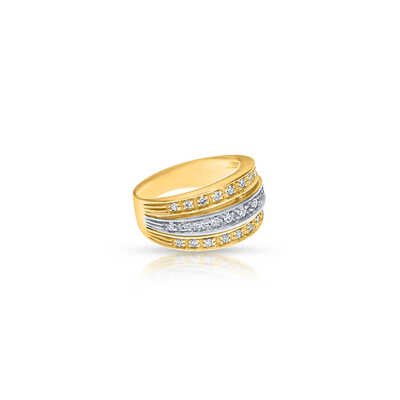 Bicolor ring in geelgoud en platina met 31 briljanten op 3 rijen