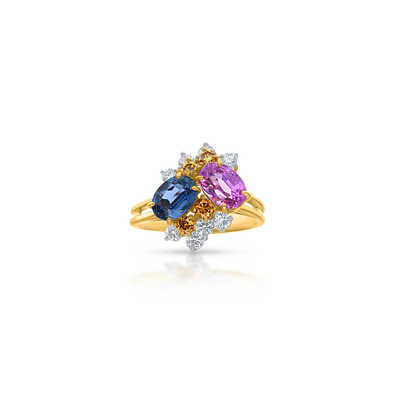 Geelgouden ring met gekleurde saffieren en briljanten
