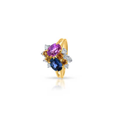 Geelgouden ring met gekleurde saffieren en briljanten